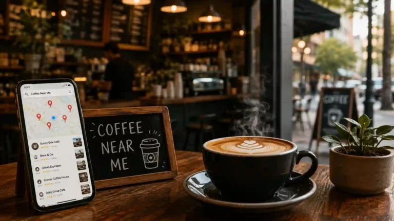 Coffee Near Me guide showing a local café, latte, and nearby coffee shops