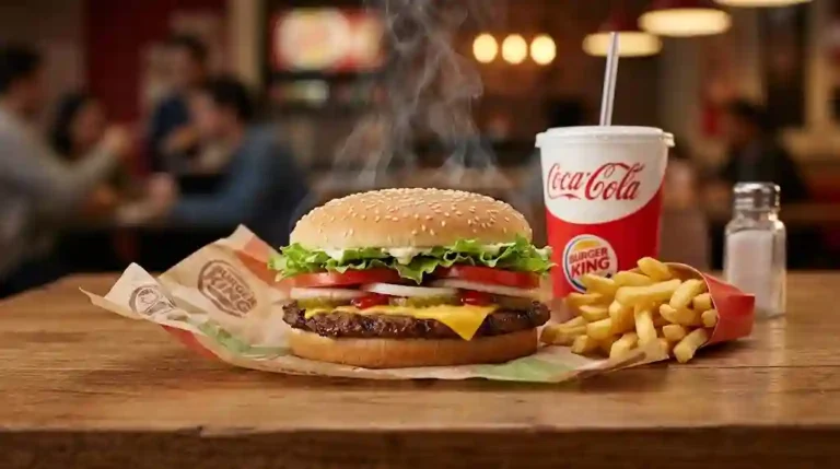 Freshly grilled Whopper meal with melted cheese, lettuce, tomato, fries, and soda on a wooden table