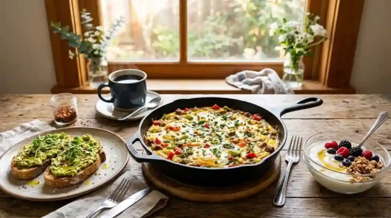Cast-iron skillet filled with a fresh breakfast casserole alongside golden avocado toast, Greek yogurt with berries, and steaming coffee on a sunlit wooden table.