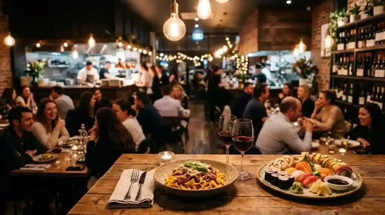 A rustic wooden restaurant table set with handmade Italian pasta, a vibrant sushi platter, and two glasses of red wine under warm glowing pendant lights.