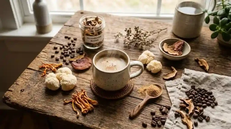Steaming ceramic mug of mushroom coffee on a wooden table surrounded by lion's mane, reishi, cordyceps, and coffee beans.